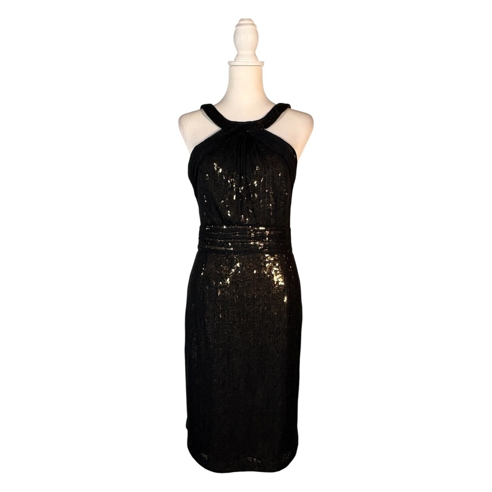 Theia Black Sequins Party Dress Size 10 Sheath Classic Glam Cocktail Evening